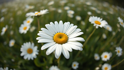 Fototapeta premium Beautiful white daisies and yellow-centered chamomile blossoms bloom in a lush spring meadow, showcasing the macro beauty of floral petals nestled in the green garden grass