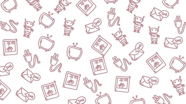 Seamless pattern of cute line icons with cats envelopes and devices on pink