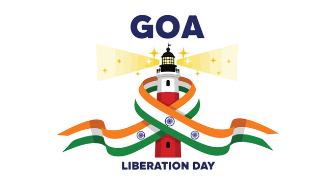 Graphic design celebrating Goa Liberation Day with a stylized emblem and Indian flag colors on a white background.