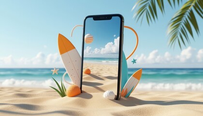 A smartphone displays a beach scene with surfboards in the sand. The beach setting features orange elements, evoking a relaxing atmosphere of summer and fun.