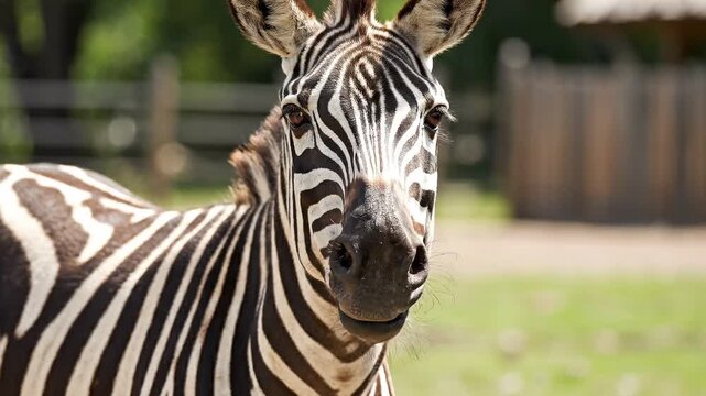 Close-up portrait of a curious zebra in a wildlife sanctuary