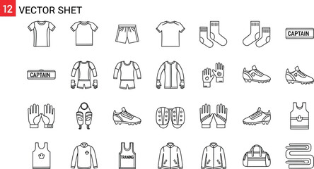 Fototapeta premium A collection of black line art icons represents various soccer and sports equipment, apparel, and field accessories for graphic design use.