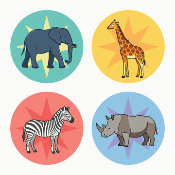Set of Four African Safari Animals in Circular Icons.