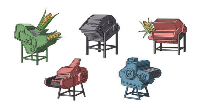 Set of corn sheller and husking machine vector illustrations for agricultural farm processing