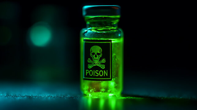 Vial of luminous green liquid with warning label on a dark background, glowing with a mysterious and dangerous aura, suitable for conceptual themes