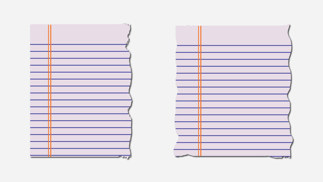 wo torn sheets of lined notebook paper, light purple with blue lines