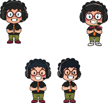Cute cartoon boy character wearing headset and glasses set for gaming podcast support agent or gamer streaming