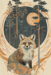 Obraz premium Full body fox digital art in a forest with full moon. Nature inspired animal poster art for home interior design or print.