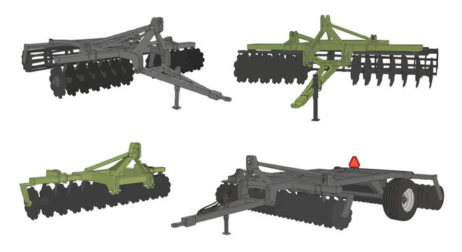 Set of Agricultural Disc Harrows and Cultivators for Soil Tillage and Farm Machinery Illustration