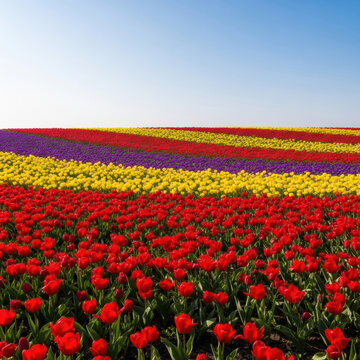 Vibrant red tulip field with layered rows of yellow and purple flowers under clear blue sky