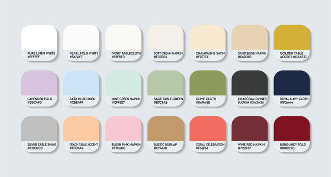 Napkin Color Guide Palette with Color Names. Catalog Samples pastel colors RGB HEX codes and Names. Napkin cloth Colors Palette Vector, soft Plastic Color Palette, Fashion Trend napkin Color Palette