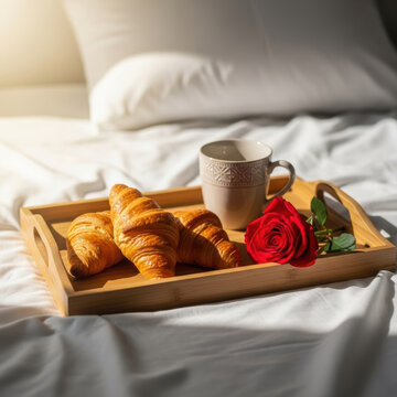 Fresh croissant croissant breakfast coffee cup red rose wooden tray bed linens morning light warm cozy romantic