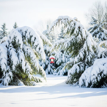 Snow covered evergreen trees bending under heavy snow with red bird feeder providing cheerful focal point in tranquil winter garden