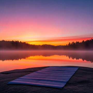 Yoga mat, sunrise, misty lake, fog, morning, tranquility