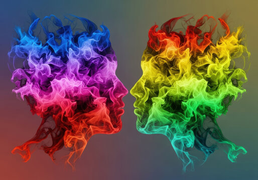 Colorful smoke profile abstract face silhouette dual profile vibrant smoke portrait rainbow smoke art psychological connection colorful flow