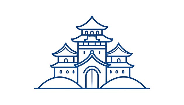 A simplified, two-dimensional illustration of an East Asian pagoda with layered roofs and arched doorways in blue