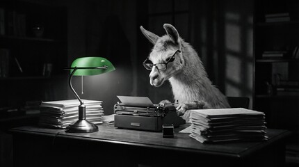 Obraz premium Llama wearing glasses typing on a vintage typewriter under a green desk lamp. Playful animal at work for creative and humorous concept.