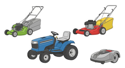 Fototapeta premium Collection of Different Lawn Mowers Including Riding Tractor, Push Mowers, and Robotic Lawn Mower for Garden and Farm Maintenance Vector Illustration