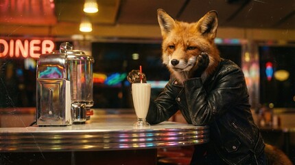 Obraz premium Fox wearing a leather jacket sitting at a diner counter drinking a milkshake. Retro animal character having a night out.