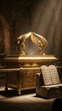 Sacred golden ark of covenant featuring kneeling cherubim wings and tablets.