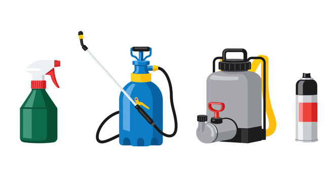 Set of agricultural sprayer equipment for farming and gardening including manual spray bottle, pressure sprayer with wand, backpack knapsack sprayer, and aerosol can for pest control