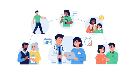 Fototapeta premium Healthcare System Network: Patient Journey, Digital Health, Medical Care, and Diverse Services