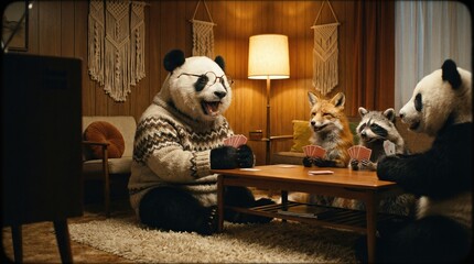 Obraz premium Panda wearing eyeglasses and a sweater plays card with a fox and a raccoon around a table. Cozy holiday gathering for family fun.