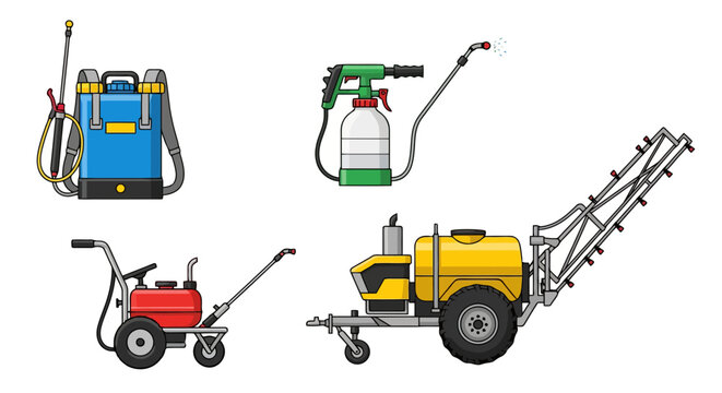Agricultural spraying equipment set including backpack sprayer, handheld garden pump, portable motor sprayer, and tractor-towed boom sprayer for farming and pest control