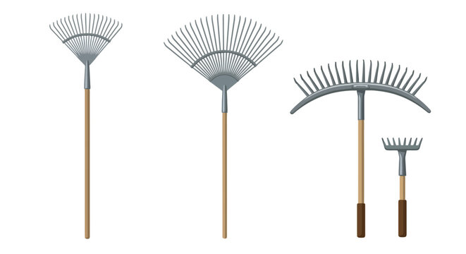 Set of garden rakes for farming and lawn maintenance, including leaf rakes and landscaping tools isolated on white