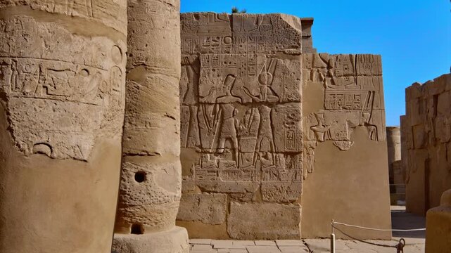 Karnak Temple in Luxor, Egypt. Close-up ancient Egyptian wall relief with pharaoh and gods figures, cartouche and hieroglyphics at Karnak Temple Luxor. Authentic history and documentary.
