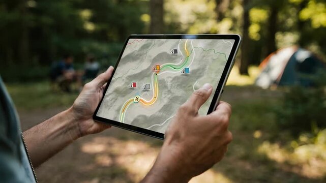 Mobile user interacting with an augmented reality map on a tablet featuring highlighted trails and campsite icons with distant campers and greenery softly out of focus.