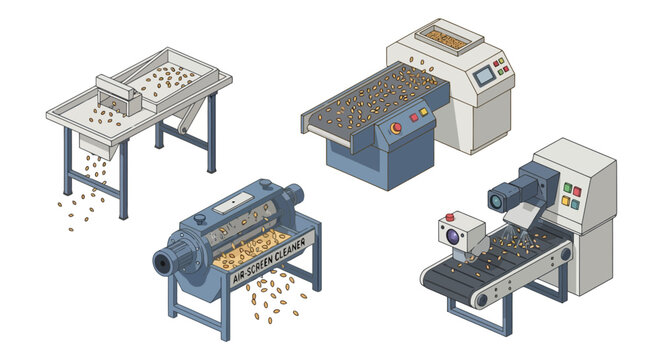 Isometric seed processing and grain cleaning machinery set for agriculture and farm industry
