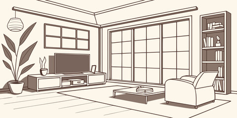 A cozy living room with large windows and a fireplace. © Mamun