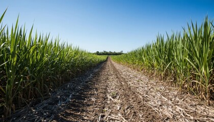 Naklejka premium a sugarcane field with tall green sugarcane plants on either side. The clear blue sky and distinct rows of sugarcane create a serene agricultural landscape.