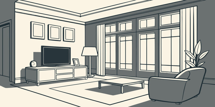 A spacious living room with large windows and a cozy fireplace