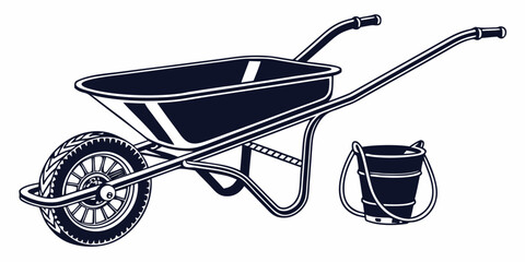 A vintage wheelbarrow with a bucket and shovel resting beside it. © Mamun