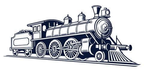 A vintage steam locomotive with a tender car, emitting smoke from its stack, traveling on train tracks. © Mamun