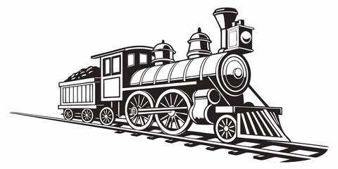 A detailed black and white illustration of a vintage steam locomotive © Mamun