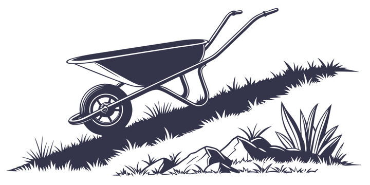 A wheelbarrow filled with soil and plants resting on a grassy hill.