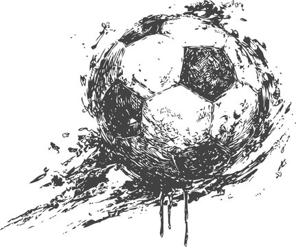 Grunge soccer ball illustration in motion with dynamic paint splatter effect and dripping ink details
