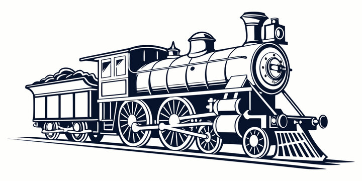 A detailed illustration of a vintage steam locomotive in black and white