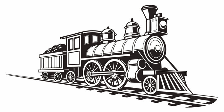 A detailed black and white illustration of a vintage steam locomotive