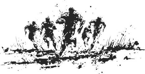 Obraz premium Rugby players running on field in dynamic silhouette black and white illustration