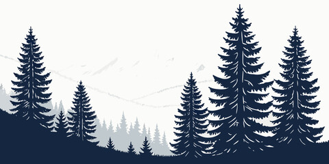 Obraz premium Silhouettes of tall pine trees against a dark sky with a mountain range in the background