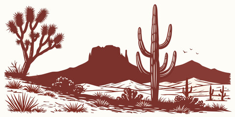 Silhouette of cacti and mountains in a desert landscape at sunset. © Mamun