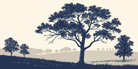 A majestic tree stands tall on a hill overlooking a vast landscape © Mamun