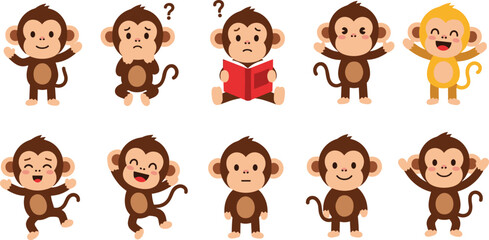 Fototapeta premium Cute Monkey Cartoon Character Set with Different Emotions Reading Book Question Expressions and Funny Poses for Kids Illustration and Animal Design Projects