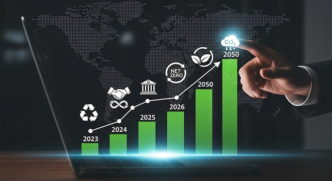 Hand interacting with laptop graph showing eco friendly growth to net zero carbon emissions by 2050 sustainability