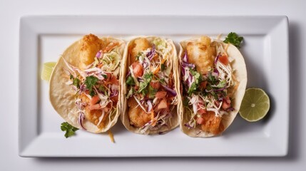 Fish mexican tacos on white background from directly above 