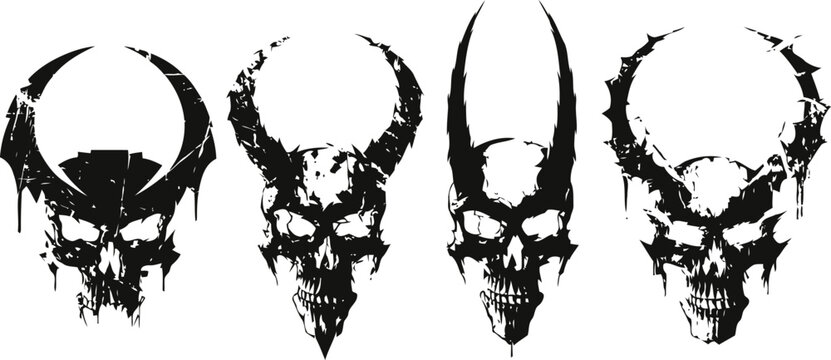 four black gothic skull designs with horns and intricate dripping details on white background